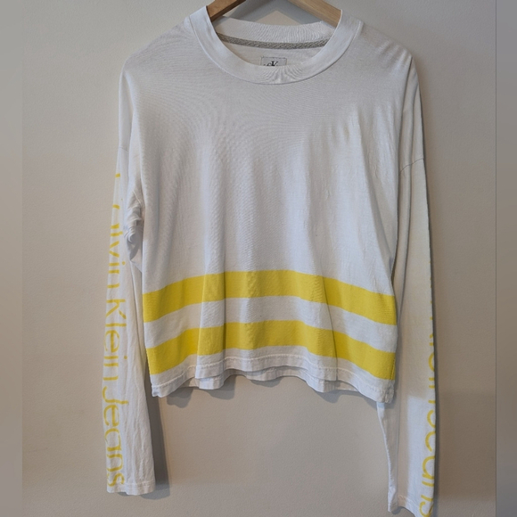 Calvin Klein Tops - Calvin Klein Long Sleeve Tee Yellow White Cotton M Logo Athleisure Y2K